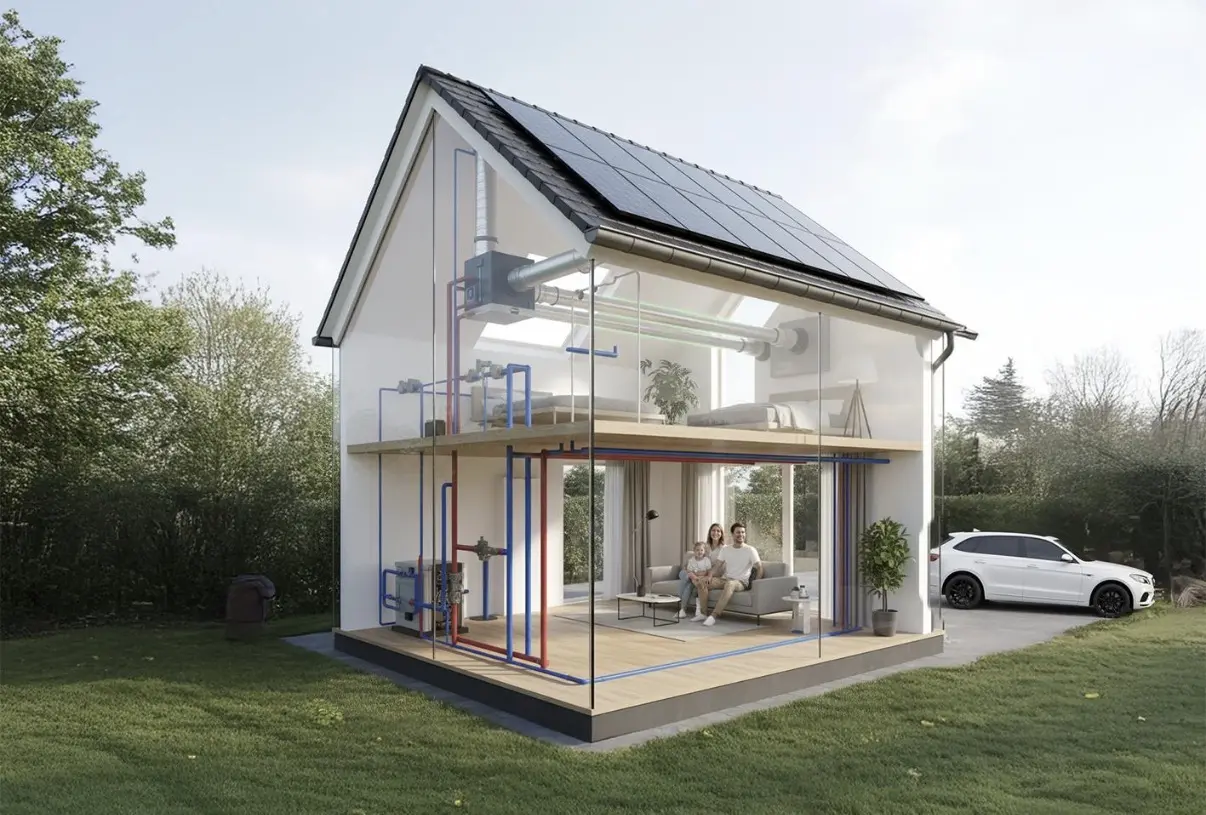 Maison réaliste en coupe montrant la toiture, la chambre, le séjour et le local technique